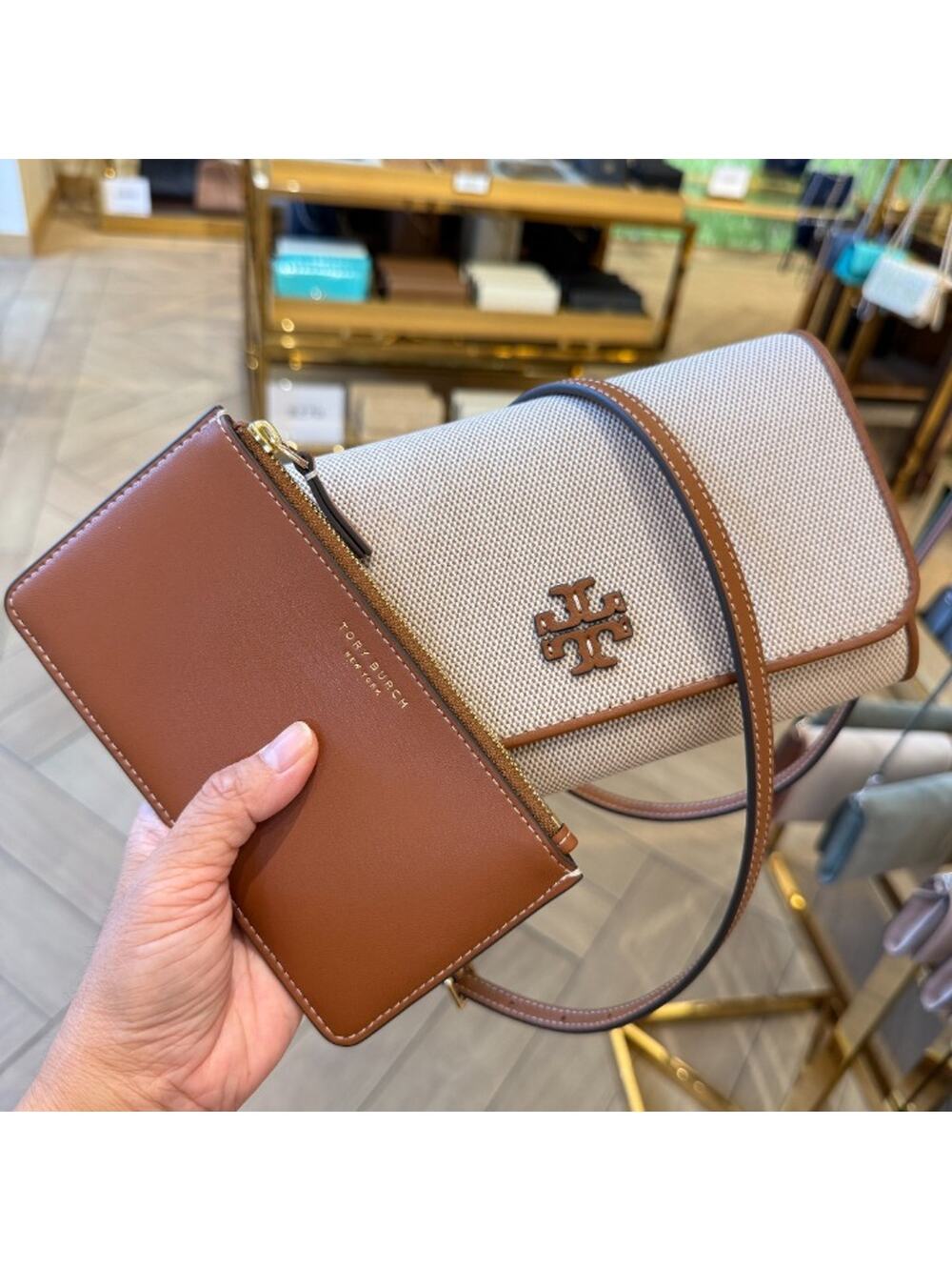 Tory Burch Thea Canvas Flat Wallet Crossbody 180150 Canvas / Classic Cuoio $425